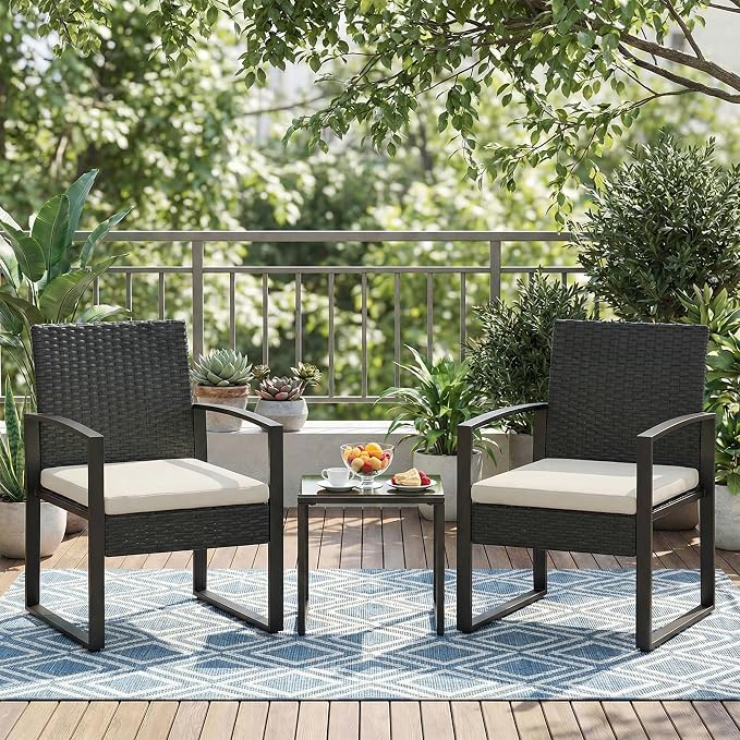 IDEALHOUSE 3 Piece Outside Patio Furniture Set, Outdoor Wicker Chair Conversation Set with Glass Coffee Table, PE Rattan Patio Furniture for Backyard, Porch, Patio, Poolside (No Rocking)