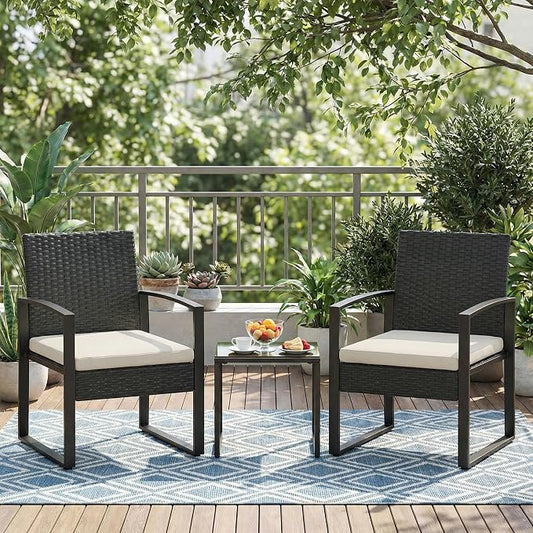 IDEALHOUSE 3 Piece Outside Patio Furniture Set, Outdoor Wicker Chair Conversation Set with Glass Coffee Table, PE Rattan Patio Furniture for Backyard, Porch, Patio, Poolside (No Rocking)