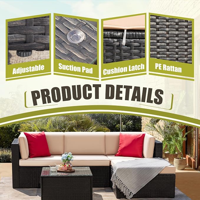 Greesum 5 Piece Patio Conversation Set Wicker Rattan Furniture Outdoor Sofa with Cushions,Pillows & Glass Table for Porch,Lawn and Yard,Beige