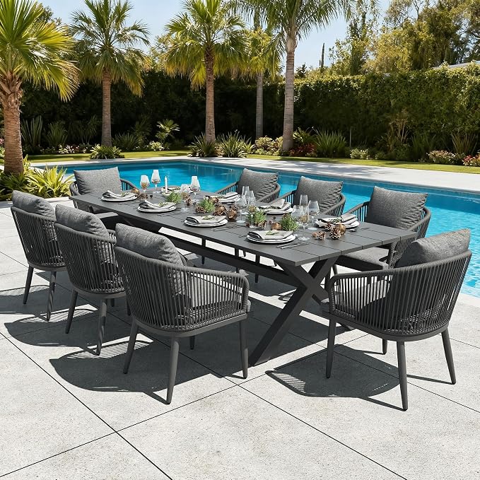 LayinSun 9 Pieces Outdoor Patio Dining Set, Aluminium Rectangular Dining Table and Wicker Rattan Chairs Set for Outside Backyard, Poolside