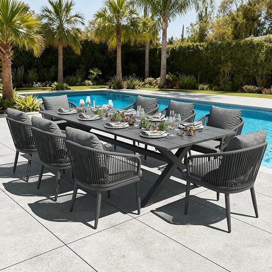 LayinSun 9 Pieces Outdoor Patio Dining Set, Aluminium Rectangular Dining Table and Wicker Rattan Chairs Set for Outside Backyard, Poolside
