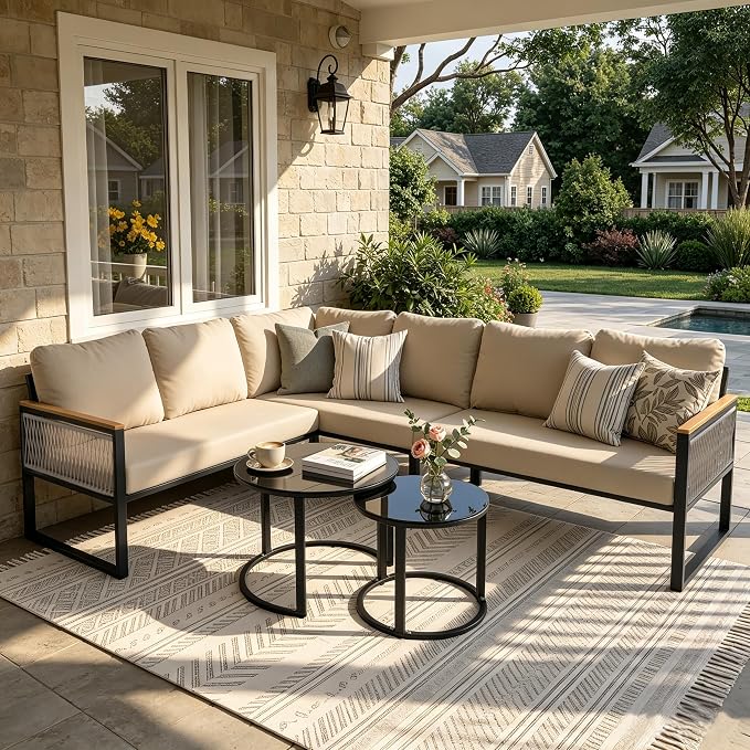 7-Piece L-Shaped Patio Conversation Sets, Hand-Woven Wicker Outdoor Sectional Sofa with Glass Nesting Coffee Table, Weather-Resistant Frame, Removable Cushion for Deck, Porch, Backyard (Beige)