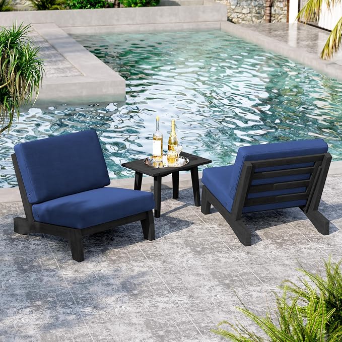 5 Pieces All Weather Black Wood Patio Furniture Sets, 2 Patio Loveseat, 2 Patio Bistro Chair, Outdoor Sectional Sofa Furniture Backyard Conversation Set with Coffee Table - Navy