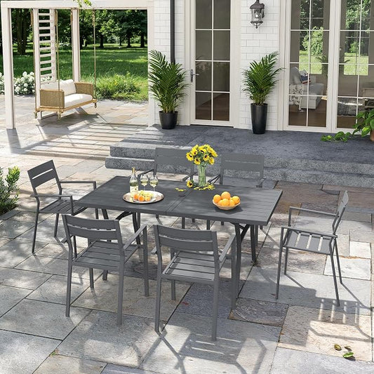 VICLLAX Patio 7 Pieces Outdoor Dining Set for 6, 63" Outdoor Rectangular Metal Dining Table with Umbrella Hole, 6 Stackable Chairs for Lawn, Garden, Porch, Grey