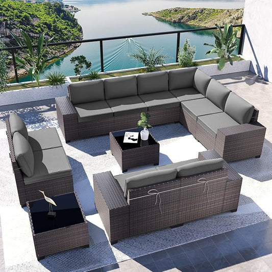 Kullavik 12PCS Outdoor Patio Furniture Set PE Wicker Rattan Sectional Sofa Patio Conversation Sets,Grey