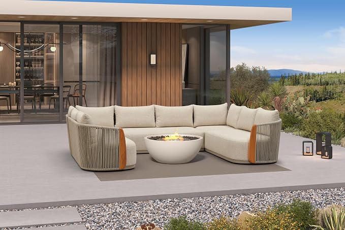 PURPLE LEAF Patio Furniture Set 5 Pieces, Outdoor Sectional Sofa Set with Armchair, Patio Conversation Set, Outdoor Couch Furniture with Olefin Cushions, Teak Armrests for Porch Deck Garden
