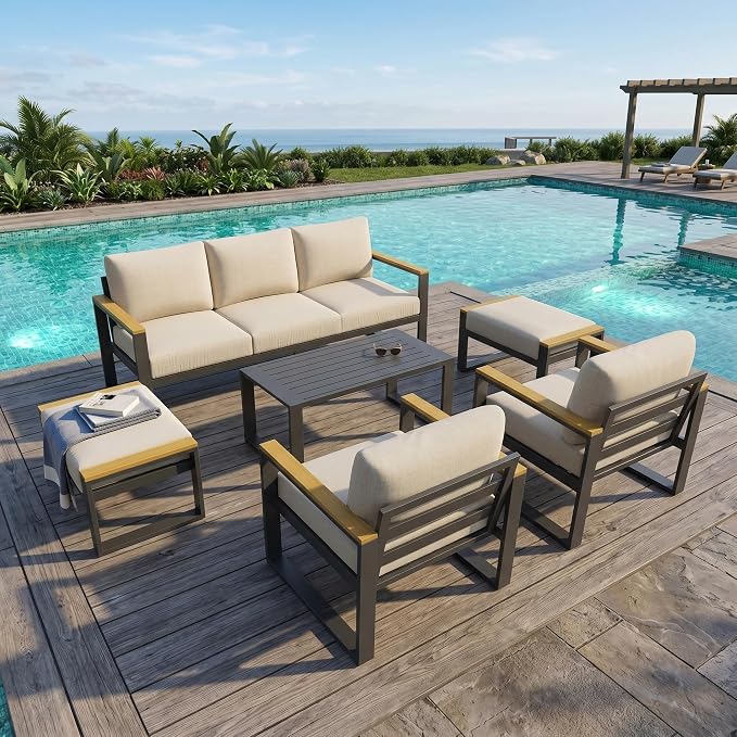 7 Seats Aluminum Outdoor Patio Conversation Sets with Coffee Table, 6 Pieces Metal Conversation Sectional Furniture Sofa for Balcony, Garden, Deck, Backyard,Beige
