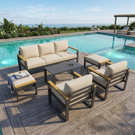 7 Seats Aluminum Outdoor Patio Conversation Sets with Coffee Table, 6 Pieces Metal Conversation Sectional Furniture Sofa for Balcony, Garden, Deck, Backyard,Beige