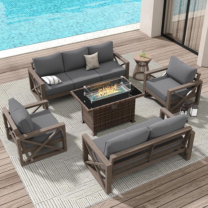 Amopatio Aluminum Patio Furniture Set with Fire Pit, 8 Pcs Metal Patio Sofa Sets with Glass Top Fire Pit Table, Modern Outdoor Furniture with 6" Cushion, Dark Grey (Included Waterproof Covers)