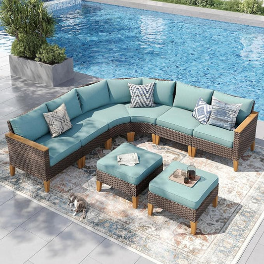 PHI VILLA 7-Piece Curved Patio Furniture Set, Half-Moon Wicker Sectional Furniture Sofa Set for 8 Seats with 1 Curved Sectionals, 2 armless Seats, 2 one armrest Sofas and 2 Ottomans, Aqua Blue