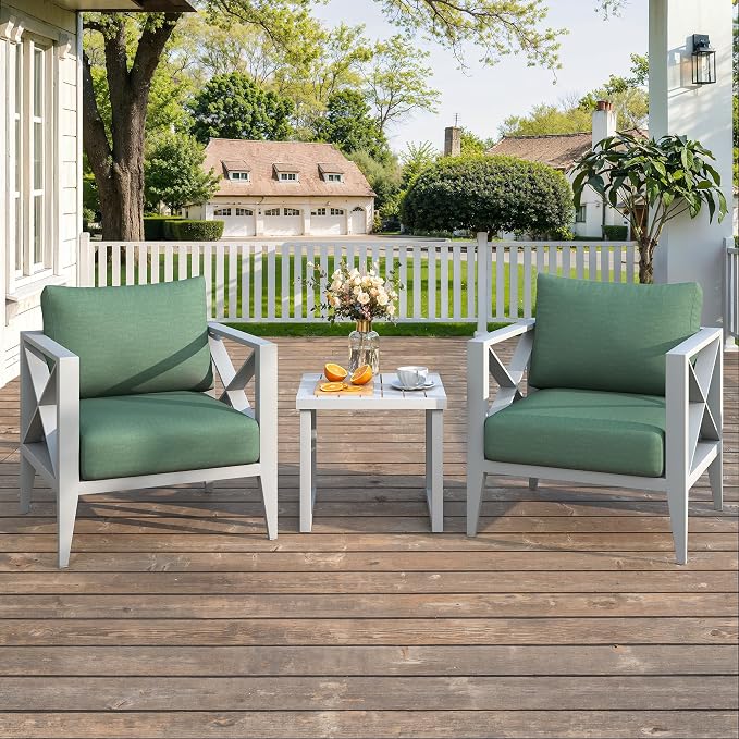 3 Piece Aluminum Patio Furniture Set, Modern Outdoor Patio Conversation Sets with Ergonomic Armhairs and Side Table, 6" Thick Washable Cushions for Balcony, Porch, Backyard,White