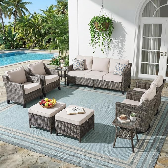 Outdoor Furniture Set of 9, Patio Furniture Set with 4 Wicker Swivel Rocker Chairs, 2 Ottomans, 2 Side Table and Sofa, High Back&Deep Seat for Garden Deck Porch Balcony Backyard - Beige