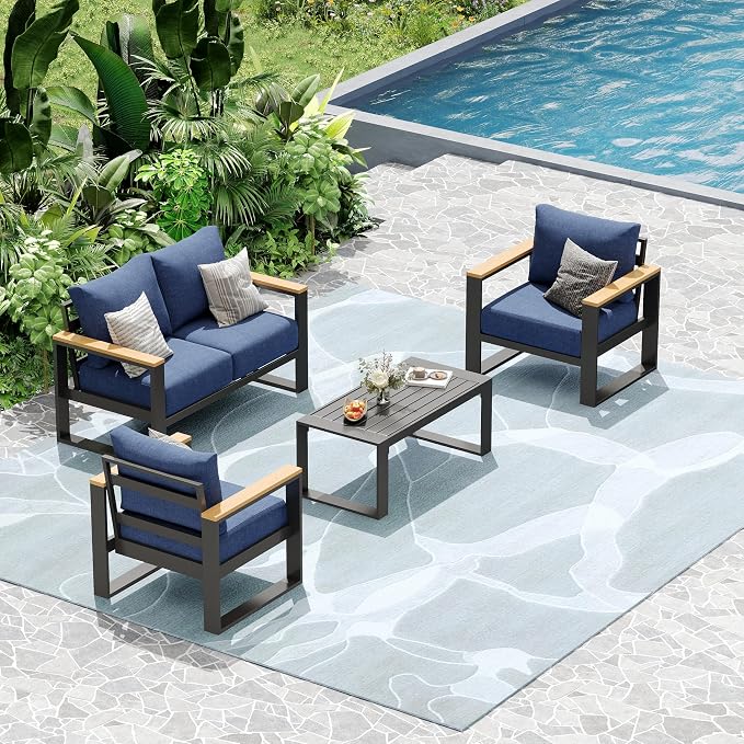 Aluminum Patio Furniture Set, 4 Piece Metal Outdoor Furniture Set with 6″ Thick Washable Cushions & Coffee Table, All Weather Patio Conversation Sets for Yard, Poolside, Garden (Navy Blue)