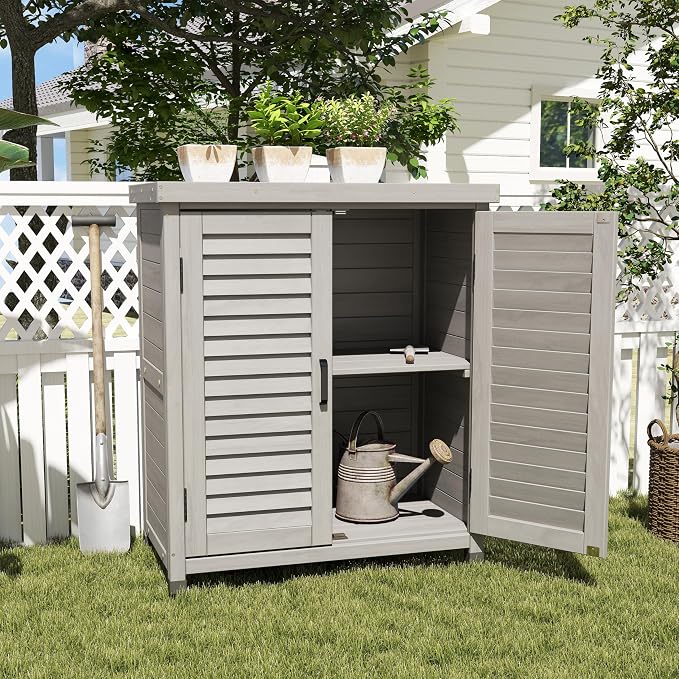 Wooden Outdoor Storage Cabinet, Bar Table Cabinet with Storage, Buffet Sideboard for Patio, Garden, Potting Bench, TV Stand, Balcony, Grey2