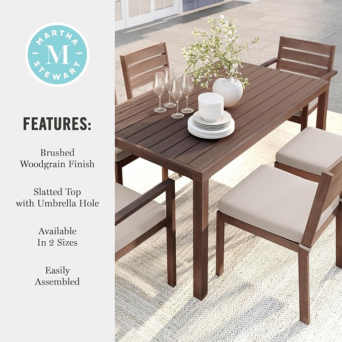 Martha Stewart Bedford 62" Indoor-Outdoor Aluminum Patio Table with Umbrella Hole and Brushed Woodgrain Finish in Brown