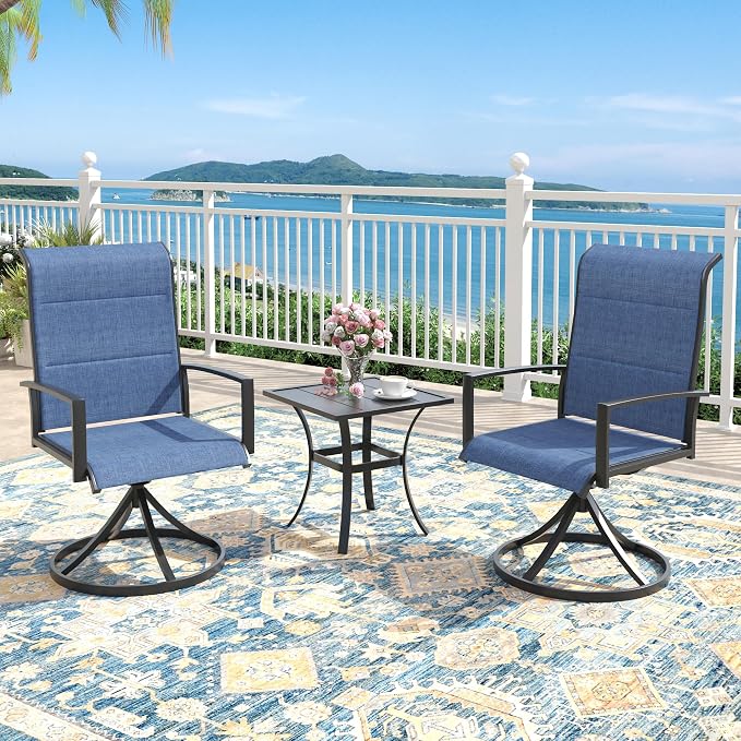 Outdoor Dining Set for 2, 18.1" Metal Square Outdoor Side Table and Padded Textilene Patio Swivel Chairs, 3 Pieces Patio Table and Chairs Set for Garden Backyard, Dark Blue and Black