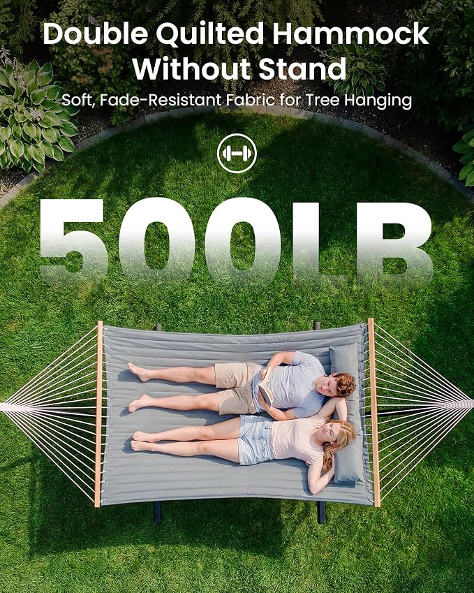 ANAGOO Double Hammock with Spreader Bar & Pillow, 2-Person Portable Hammock, 500lbs Capacity for Outdoor Camping, Patio, Backyard, Garden, Beach & Travel Relaxation – Gray