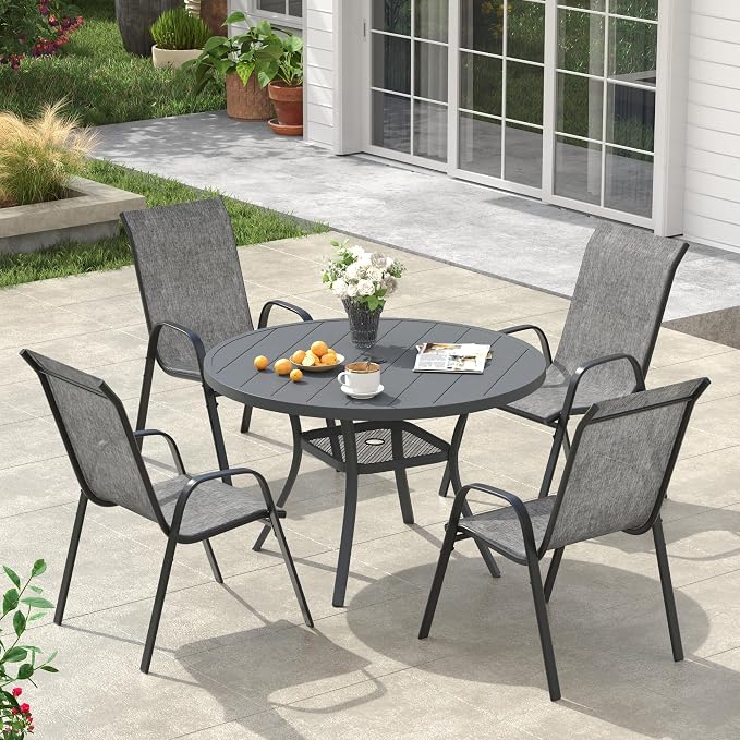 VICLLAX Round Patio Dining Set for 4, Metal Slatted Patio Table with Umbrella Hole and Stackable Patio Chairs for Deck Lawn Garden, Grey Fabric and Dark Grey Tabletop