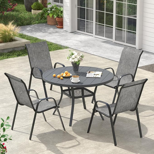 VICLLAX Round Patio Dining Set for 4, Metal Slatted Patio Table with Umbrella Hole and Stackable Patio Chairs for Deck Lawn Garden, Grey Fabric and Dark Grey Tabletop