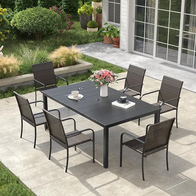VICLLAX 7 Pieces Patio Dining Set, 6 Stakable Wicker Outdoor Chairs and Metal Patio Table with Umbrella Hole for Backyard Lawn Deck, Black Tabletop