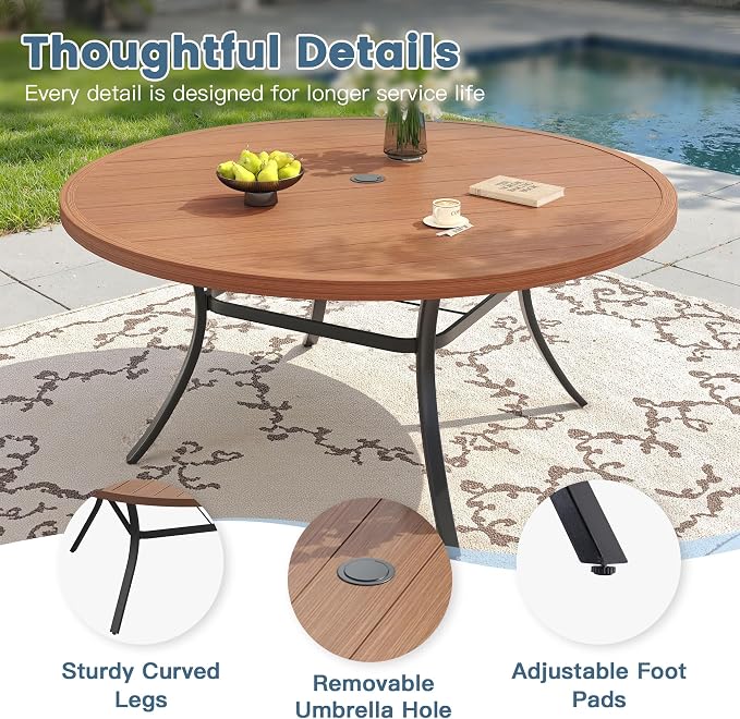 DIFY 9 Pieces Outdoor Dining Set for 8, 63" Walnut Round Metal Table with Umbrella Hole and Brown Textilene Swivel Patio Chairs, Patio Table and Chairs Set for Garden, Backyard, Poolside