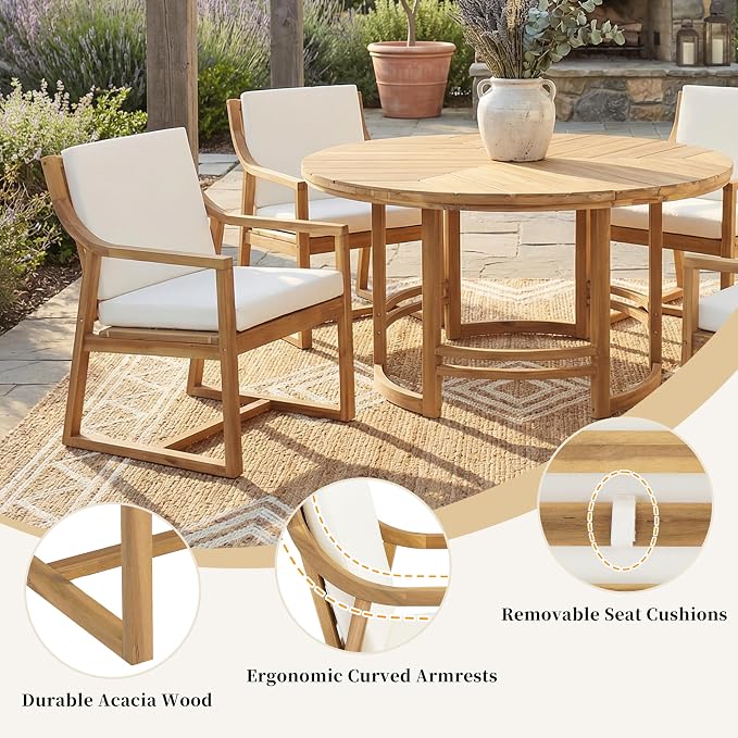 WILLIAMSPACE 5-Piece Acacia Wood Round Outdoor Patio Dining Set with 4 Chair, Light Teak
