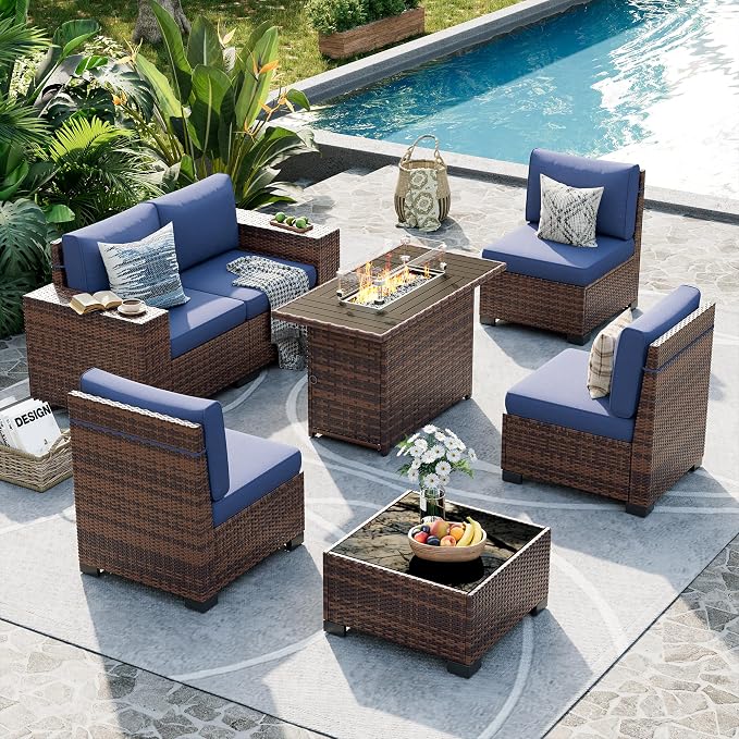 UDPATIO Patio Furniture Set with Fire Pit Table, 8 Inch Armrest 7 Piece Outdoor Sectional Sofas, All-Weather Wicker Conversation for Garden, Backyard, Brown/Navy Blue