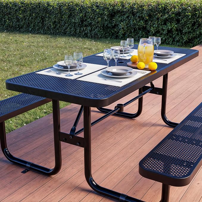 Commercial Heavy-Duty Metal Picnic Table - ADA Compliant, Adjustable Seats, Umbrella Hole (Black, 6' Rectangular, Punched Steel)