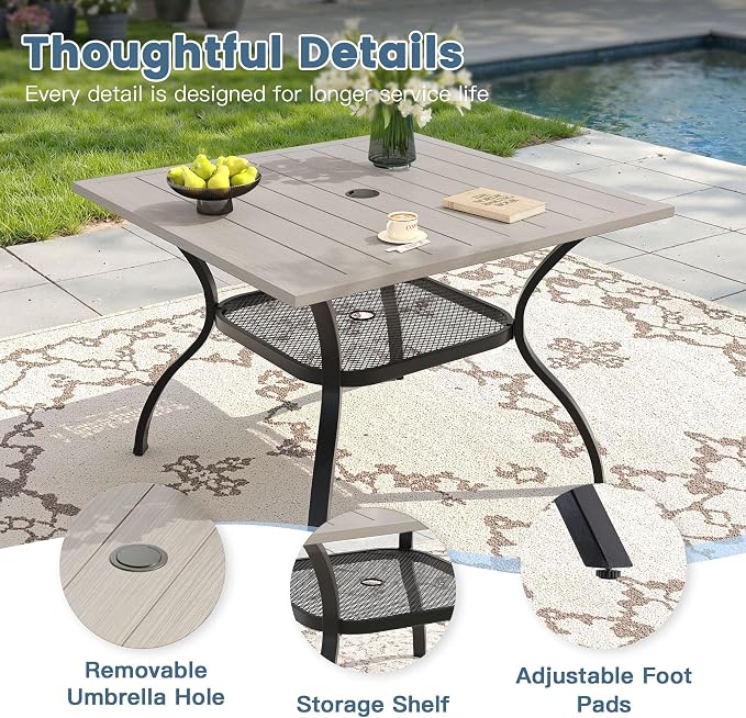 DIFY 5 Pieces Outdoor Dining Table Chair Set, Patio Dining Set with 1 Grey Wood-Like Square Curved Legs Table with and Umbrella Hole & 4 Grey Stackable with Armrests Chairs for Lawn, Garden, Porch