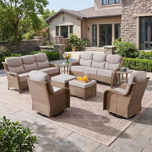 Luxury High Back Patio Furniture Set with 6-Inch Thick Cushions, 7-Pieces Outdoor Furniture with Swivel Chairs &Side Table, Wicker Conversation Set for Porch, Balcony, Deck and Yard, Yellow/Beige
