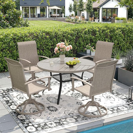 DIFY 5 Pieces Outdoor Dining Set, Metal Patio Table and Chairs Set for 4 with Umbrella Hole, 40.6" Grey Wood-Like Round Table and Sandshell Textilene Swivel Patio Chairs for Garden, Backyard, Poolside