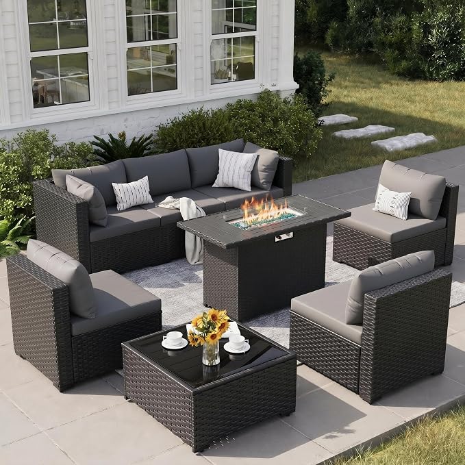 8 Piece Patio Furniture Set with 43" Fire Pit Table, Outdoor Sectional Wicker Sofa Set with Coffee Table (Grey/Black)
