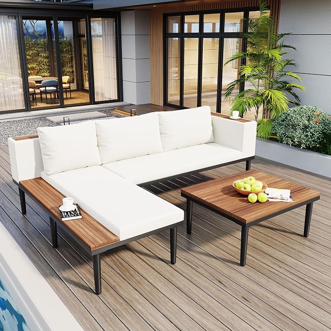VilroCaz Luxury Outdoor Patio Furniture Set, L-Shaped Acacia Wood Sectional Sofa with Side Table, All-Weather Conversation Set with Removable Cushions and Coffee Table for Backyard Porch (Beige-4.20)