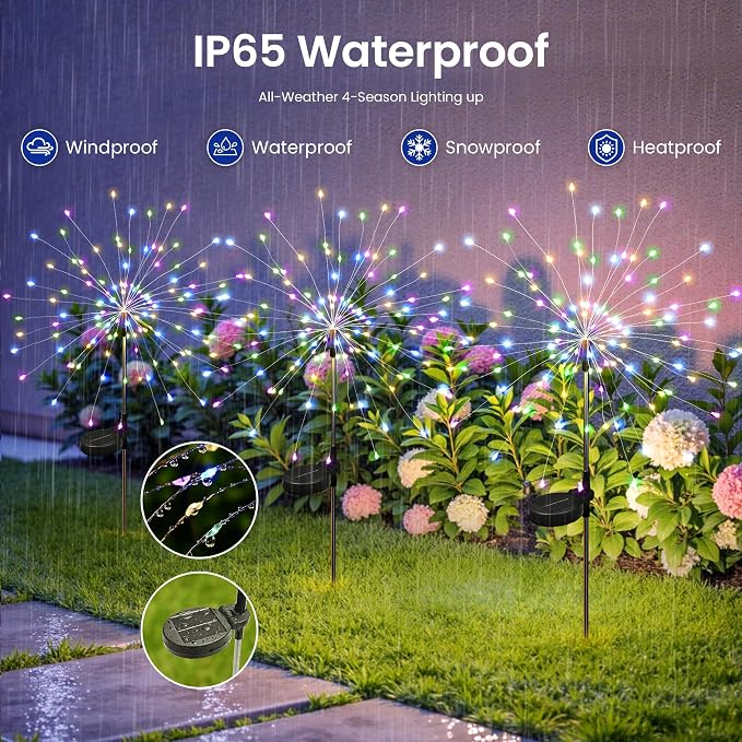 8Pack Solar Lights Outdoor, Multicolor Firework Lights | 120LED Fireworks Lights Solar Powered, Waterproof Fairy Garden Lights Decor Outside for Yard Pathway Lawn Patio