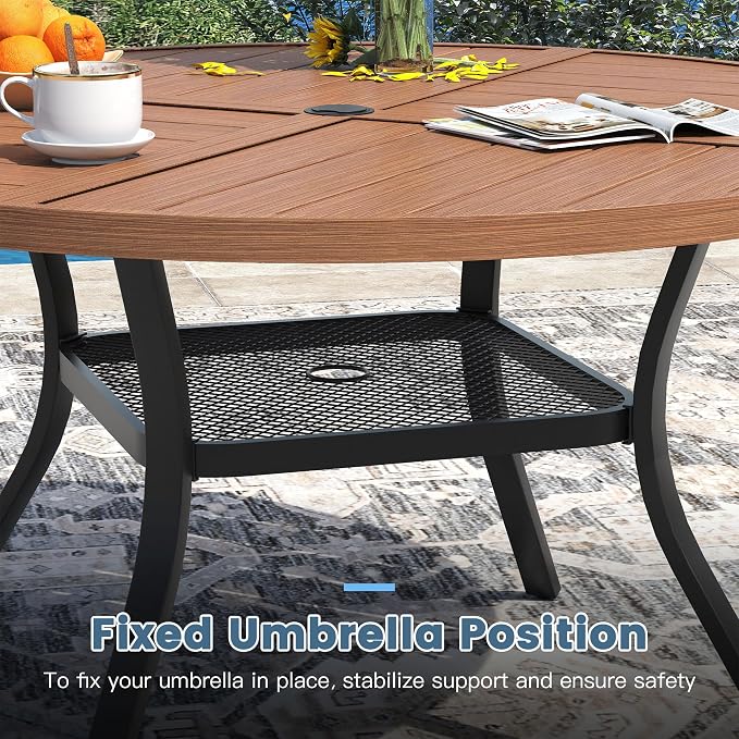 DIFY 7 Pieces Outdoor Dining Set for 6, 47.2" Walnut Round Metal Table with 4 Stackable Wicker Patio Chairs & 2 Swivel Chairs, Patio Furniture Set with Cushions and Umbrella Hole, Wheat Rattan