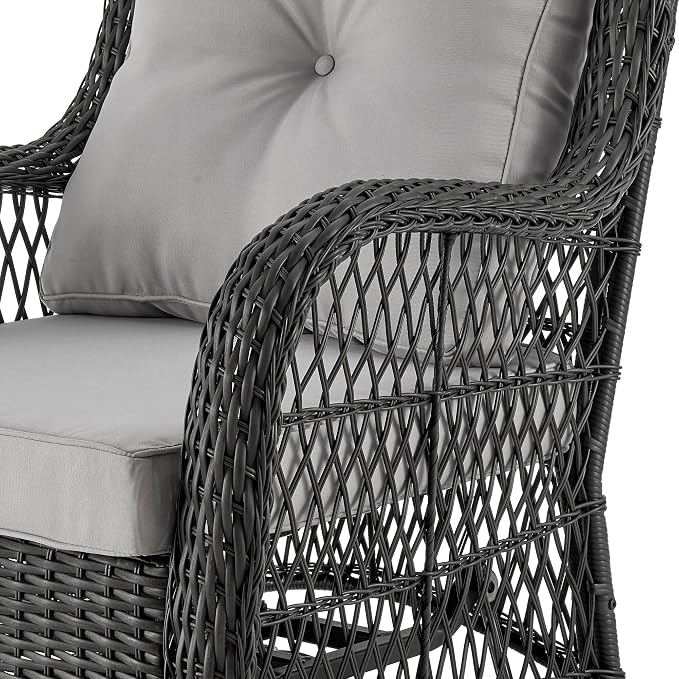 Manhattan Comfort Fruttuo 3-Piece Patio Conversation Set, Swivel Steel Rattan Chairs with Removable Cushions & Tempered Glass End Table, Weather-Resistant Outdoor Furniture for Backyard & Porch, Grey