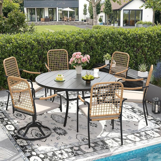 DIFY 7 Pieces Outdoor Dining Set for 6, Patio Furniture Set of 6 Wicker Patio Chairs with Soft Cushions and 53" Black Round Metal Table with Umbrella Hole, for Backyard Garden Deck, Wheat Rattan