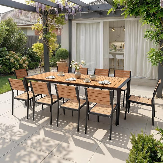 11 Pieces Outdoor Patio Dining Set, 95" Aluminum Table and Stackable Chairs | Adjustable Umbrella Hole & Wood Grain Tabletop for Garden, Patio, Backyard (Brown)