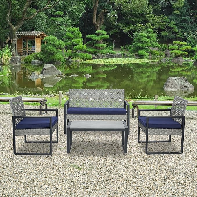 GDFStudio 4-Piece Patio Furniture Set with Acacia Wood Tabletop, PE Rattan Conversation Sofa Set, Steel Frame Outdoor Seating for Balcony Porch Garden Backyard Lawn, Blue Cushions Light Gray Wicker