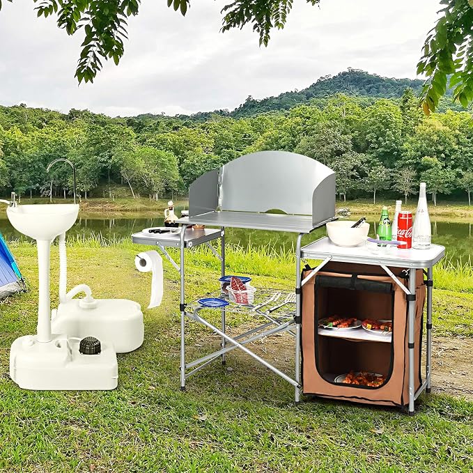 Goplus Camping Kitchen Table, Portable Outdoor Cooking Table with Storage, 26'' Tabletop, Detachable Windscreen, Camp Cook Station, Folding Grill Table for Tailgating BBQ Picnic Backyard Beach RV