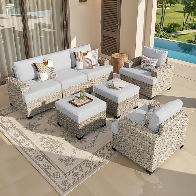 Weaxty 7 Pieces Outdoor Furniture Set, Patio Sectional Sofa Wide Seats Couch Chair with Ottoman, Thick Cushion All-Weather Rattan Patio Conversation Sets for Backyard Porch Balcony, Grey