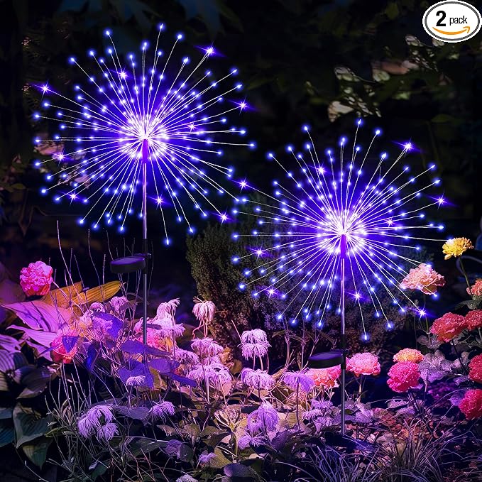 GIGALUMI 2 Pack Solar Firework Lights Outdoor, Halloween Decor, Purple | 120 LEDs, Fairy Design, Waterproof, Garden Decor, Solar Powered for Yard, Pathway, Flowerbed, Planter, Balcony, Gifts for Mom
