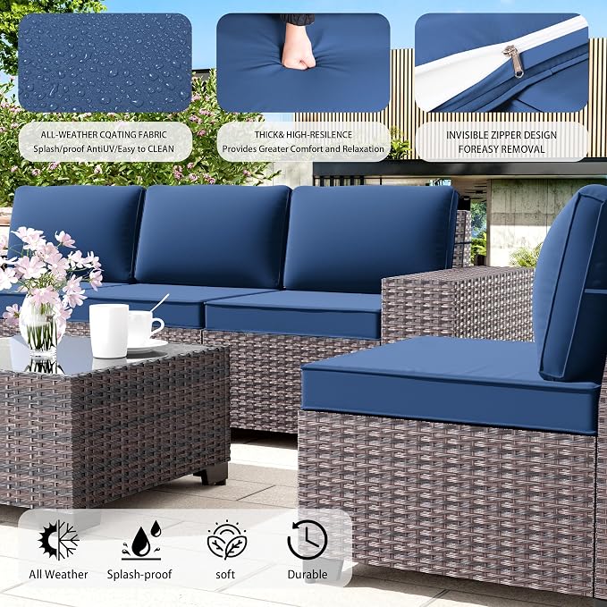 8 PCS Outdoor Patio Furniture Set,Outdoor Sectional Furniture All Weather PE Rattan Wicker Patio Conversation Set with 2 Ottomans and Coffee Table,Navy Blue