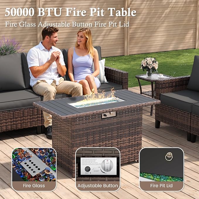 Amopatio Patio Furniture Set with Fire Pit Table, Wicker Outdoor Sectional Sofa with Swivel Rocker Chairs, All-Weather Rattan Conversation Set, Waterproof Cover for Backyard, Deck Brown/Grey 5 PCS