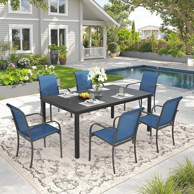 DIFY 7 Pieces Outdoor Patio Dining Set for 6, 63" Black Rectangle Metal Dining Table and 6 Blue Stackable Sling Dining Chairs, Outdoor Table and Chairs for Lawn Garden Backyard Deck