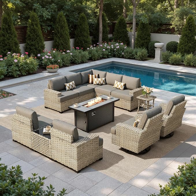 HOOOWOOO Sectional Patio Furniture Set with Fire Pit Table,12 Pieces Wicker Outdoor Furniture L Shaped Couch,Outside Conversation Set Extra Deep Sofa Wide Arm Swivel Chairs Solar Light,Dark Gray
