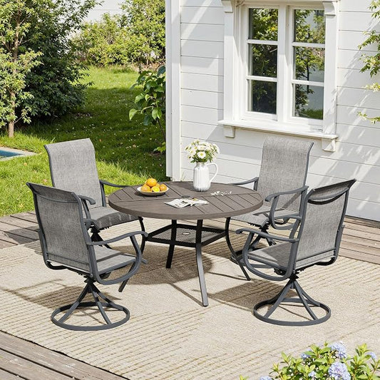 VICLLAX 5 Pieces Patio Dining Set, Patio Furniture Set of 4 Patio Swivel Dining Chairs and 40.6" Patio Spliced Round Tabletop with Storage Shelf, Grey Chairs & Antique Grey Tabletop