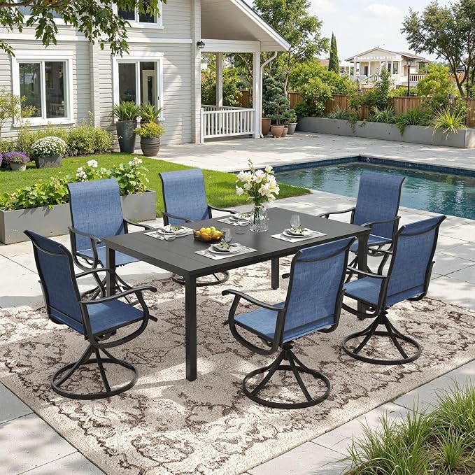 DIFY Outdoor Dining Set for 6, 7 Piece Patio Table and Chairs Set, Swivel Patio Chairs with Blue Textilene & 63" Black Rectangle Metal Dining Table with Umbrella Hole, for Garden Backyard Deck