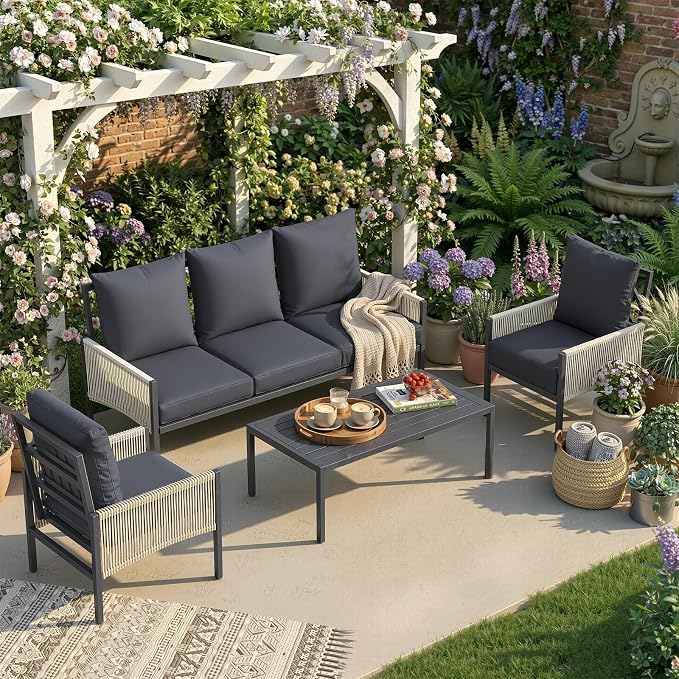 U-MAX Aluminum Patio Furniture Set 5 Seats Outdoor Sectional Couch with Coffee Central Table Patio Conversation Sets for Porch Deck (Dark Grey, with Retractable Single Sofa)