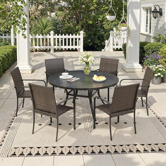 Outdoor Dining Set for 6, 47.2" Metal Round Outdoor Dining Table with Umbrella Hole and Wicker Stackable Patio Chairs, 7 Pieces Patio Table and Chairs Set for Garden Backyard, Black